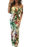 Turquoise Roses Print Off-the-shoulder Maxi Dress