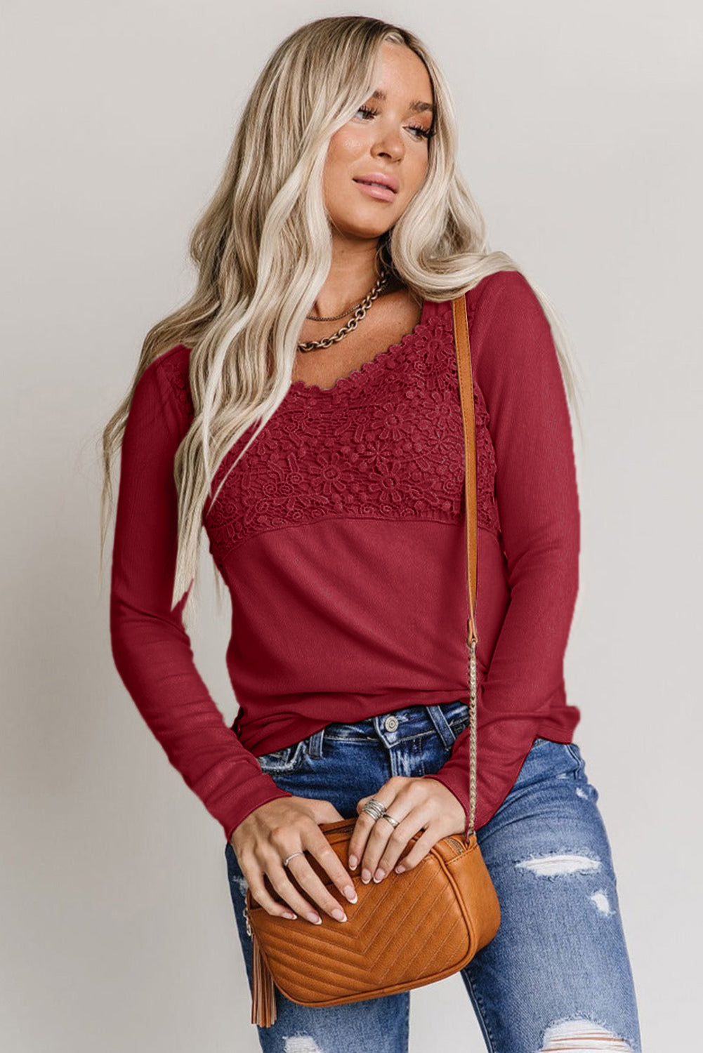 Lace Crochet V Neck Long Sleeve Top