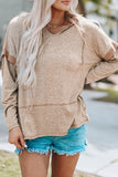 Waffle Patchwork V Neck Pullover Knit Hoodie