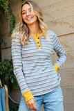 Striped Knit Button Neck Long Sleeve Top