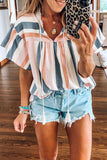 Multicolor Stripes Split Neck Pleated Ruffled Short Sleeves Top