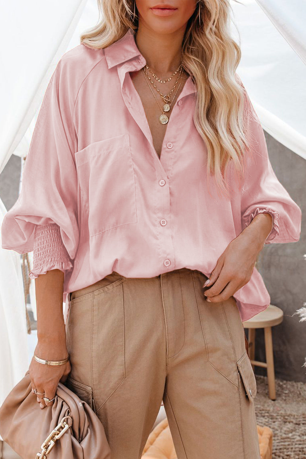 Pink Billowy Sleeves Pocketed Shirt