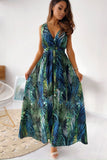 Floral Printed V Neck Open Back Sleeveless Maxi Dress