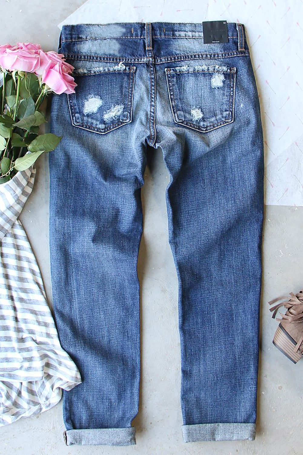 Sky Blue Christmas Pattern Splicing Mid Rise Distressed Jeans