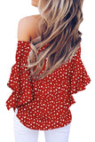 Polka Dot 3/4 Bell Sleeve Off Shoulder Front Tie Knot Top