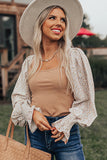 Khaki Floral Print Splicing Shirred Puff Sleeve Blouse