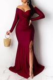 Wine Red Off Shoulder Side Split Bodycon Prom Dress