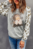 Believe Santa Clause Graphic Leopard Sleeve Top