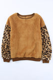 Leopard Sleeve Patchwork Fleece Pullover Sweatshirt