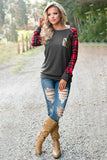 Plaid Splicing Sequined Pocket Long Sleeve Top