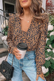 Print Buttoned Frilled V Neck Top