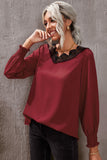 V Neck Lace Patchwork Green Blouse
