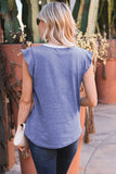 V Neck Buttoned Lace Trim Short Sleeve Tee