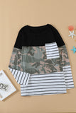 Camo Stripes Patchwork Long Sleeve Top with Pocket