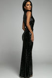 Black High Neck Hollow-out Bust Sleeveless Sequin Gown with Split