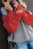 Khaki Long Sleeve Turtleneck Color Block Pullover Knit Sweater