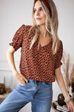 Short Puff Sleeves V Neck Leopard Print Top