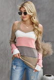 Burgundy Trim Colorblock Stripes Cold Shoulder Hollow-out Sweater