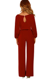 Red Boat Neck Bubble Sleeve Straight Legs Jumpsuit with Belt Tie