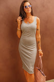 Apricot Sleeveless Buttons Ribbed Knit Bodycon Dress