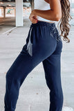 Deep Blue Rhinestone Tassel Trim Pocket Drawstring Jogger Pants