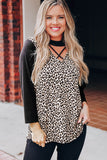 Choker Crisscross Contrast 3/4 Sleeve Leopard Print Top