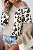 Asymmetric Leopard Patchwork Wide Sleeve V Neck Sweater