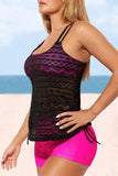 Color Block Lace Drawstring Tie Tankini Set