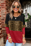 Burgundy Colorblock Leopard Patchwork Long Sleeve Top