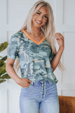 Camouflage Print V Neck Short Sleeve T Shirt