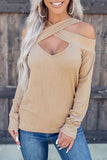 Cut Out Criss Cross Cold Shoulder Ribbed Top