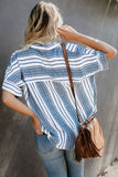 V Neck Stripes Roll up Sleeve Button Shirt