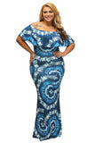 Turquoise Roses Print Off-the-shoulder Maxi Dress