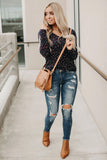 Navy Button V Neck Long Sleeve Floral Top