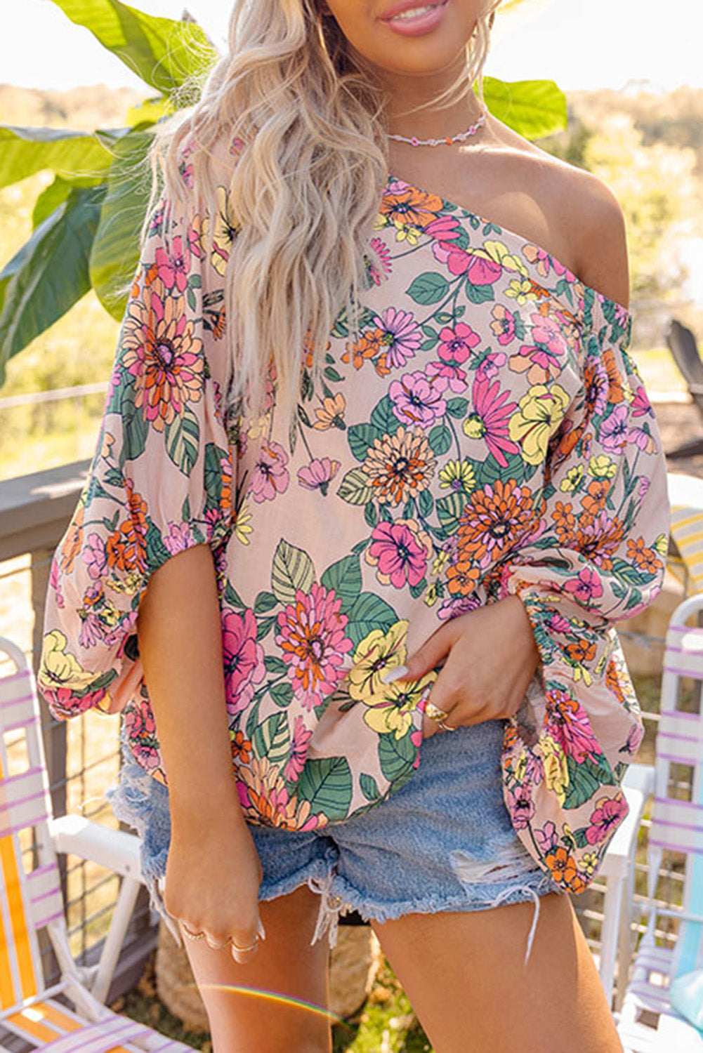 Colored Drawing Flowers Sexy Off Shoulder Top