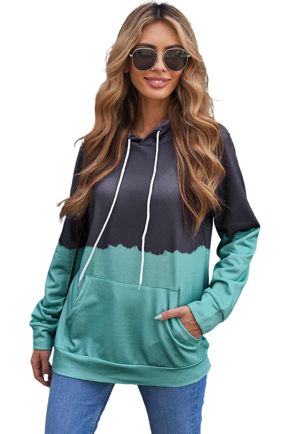 Light Green Dip-Dye Colorblock Drawstring Hoodie with Pockets