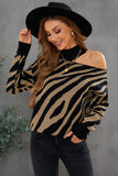 Zebra Print Mock Neck Cold Shoulder Sweater