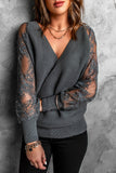 Sexy V Neck Surplice Hollow-out Sweater with Lace Sleeves