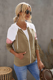 Khaki Color Block Zip Up Kangaroo Pocket Drawstring Hoodie