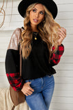 Crewneck Lantern Sleeve Plaid Sequin Splicing Pullover Sweatshirt