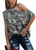 Camouflage Pattern Cut out Shoulder T-shirt