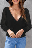 Sexy V Neck Surplice Hollow-out Sweater with Lace Sleeves