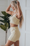 Beige Ribbed Knit Zip-up Crop Top and High Waist Shorts Two Piece Set