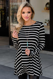 Stripe Elbow Patch Button Back Tunic Top