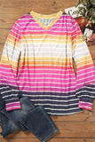 color Gradient Striped Long Sleeve V-Neck Blouse