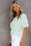 Green Floral Smocked Puff Sleeve Blouse