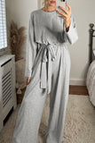 Ribbed Knit Belted Wide Leg Jumpsuit