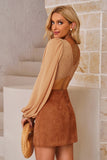 Shirred Open Back Deep V Neck Long Sleeve Crop Top