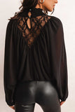 Black Lace Contrast Sheer Frilled Neck Blouse