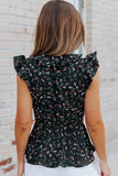 Black Floral Print Belted Ruffled V Neck Sleeveless Top